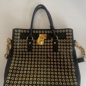 Michael Kors Hamilton Large Black Tote with Gold Accents and Chain